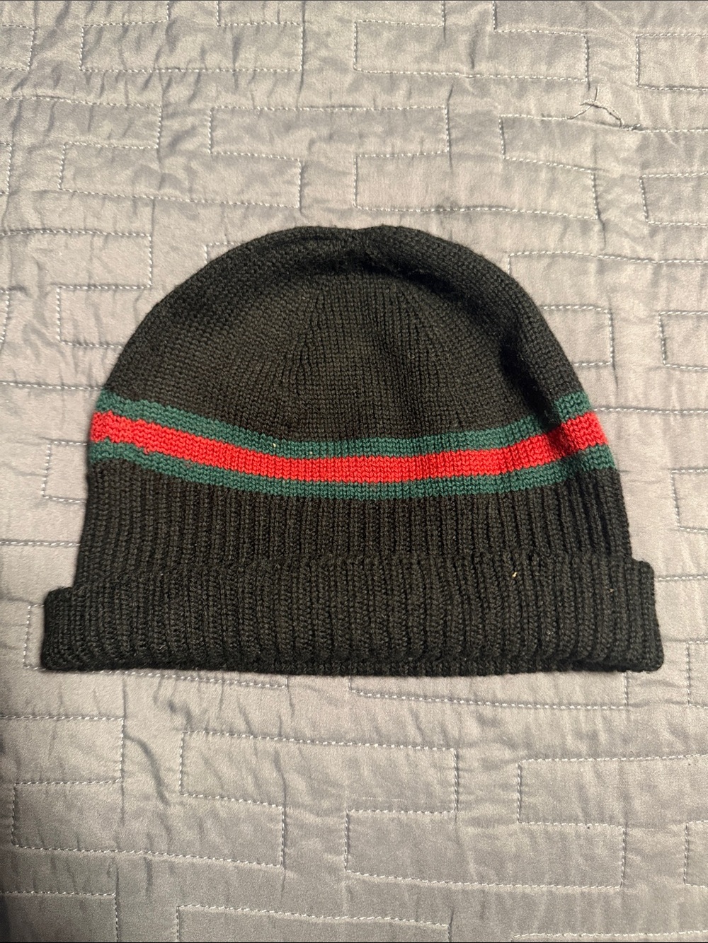 Gucci Black Knit Hat with Red and Green Stripe